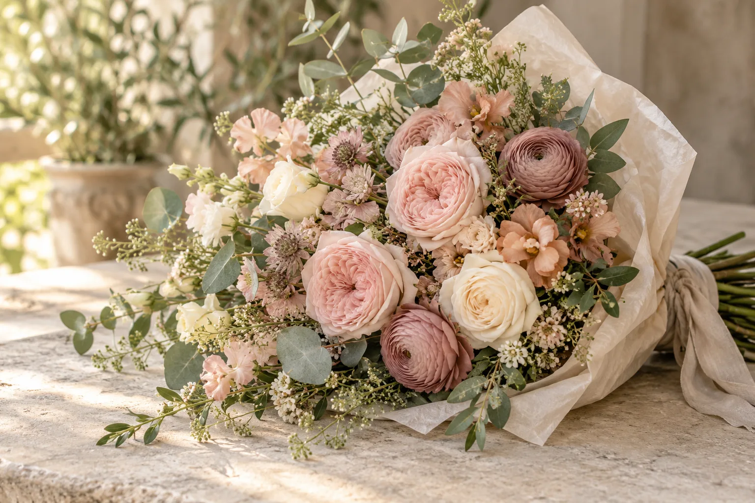 Blush, cream, and peach flowers gathered with fresh eucalyptus in ivory wrapping.