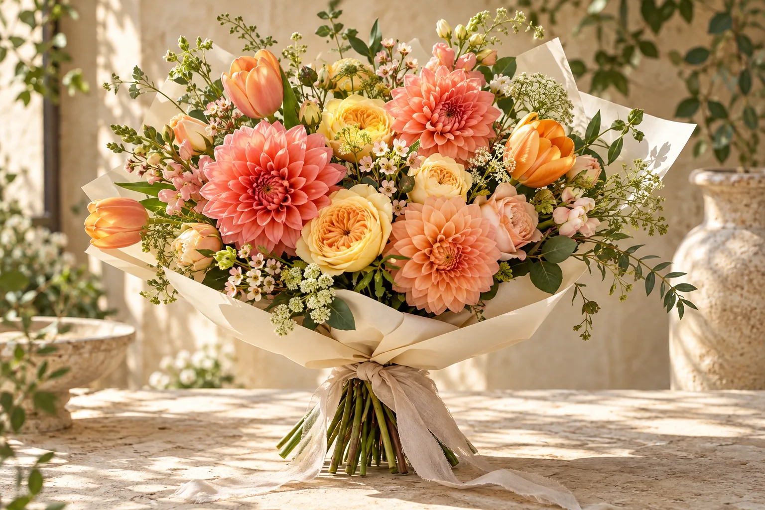 A colourful bouquet of coral, peach, and butter-yellow flowers in cream wrapping.