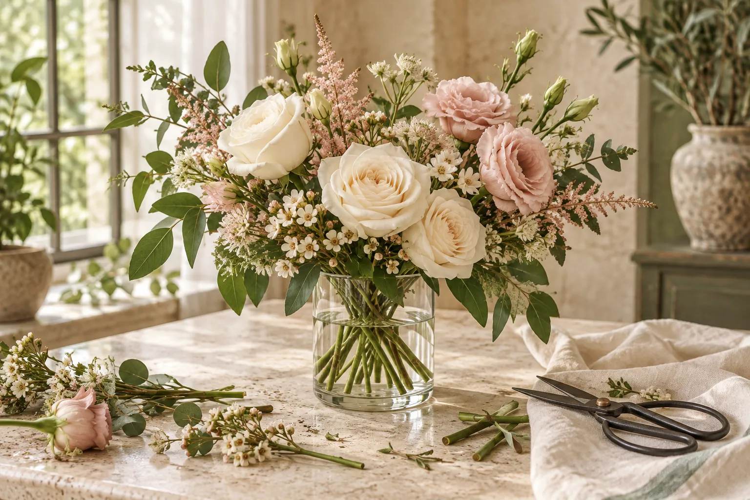 Pink and cream flowers in a glass vase beside floral shears and linen.