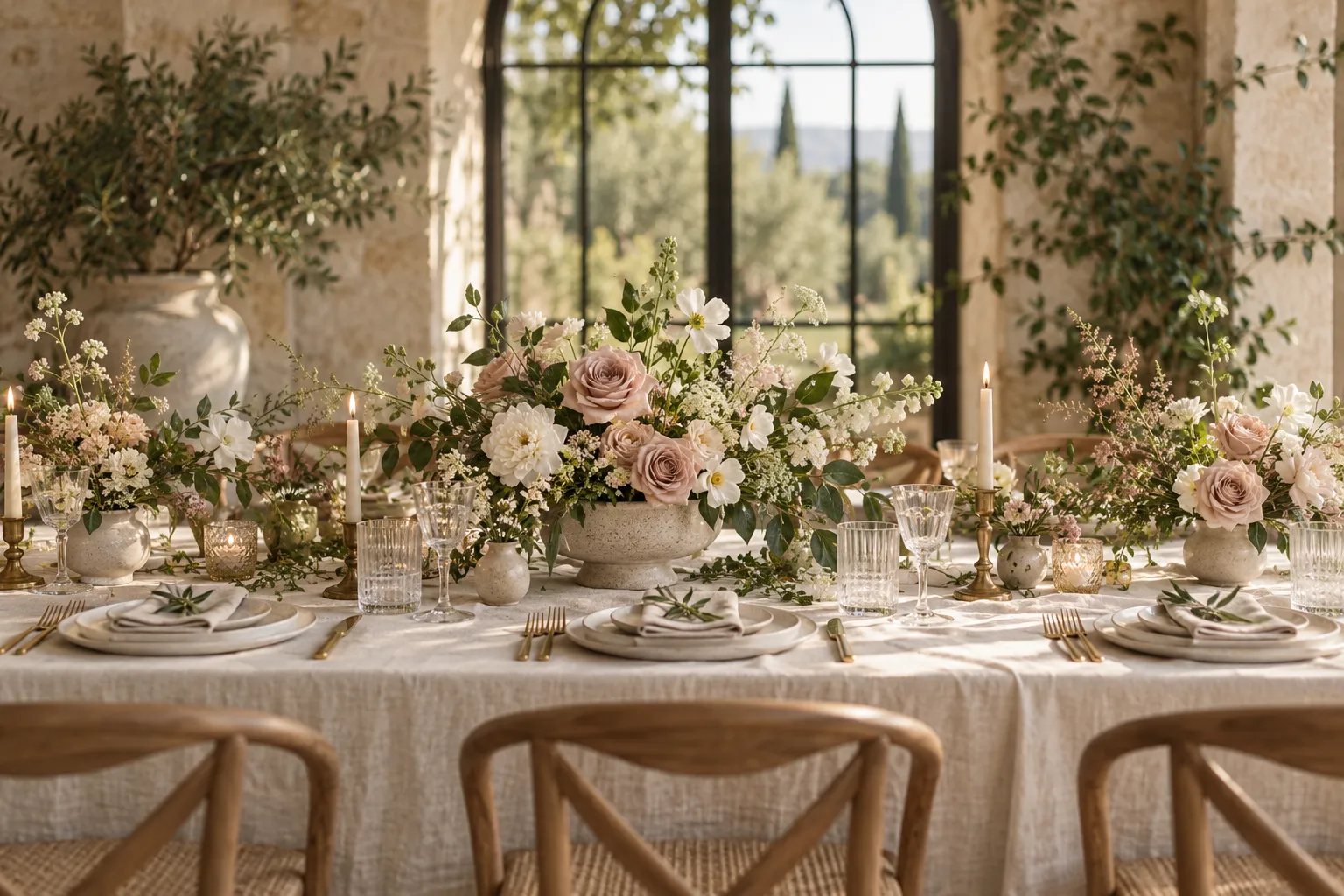 Garden-inspired flower arrangements on a relaxed celebration table with cream linen and glassware.