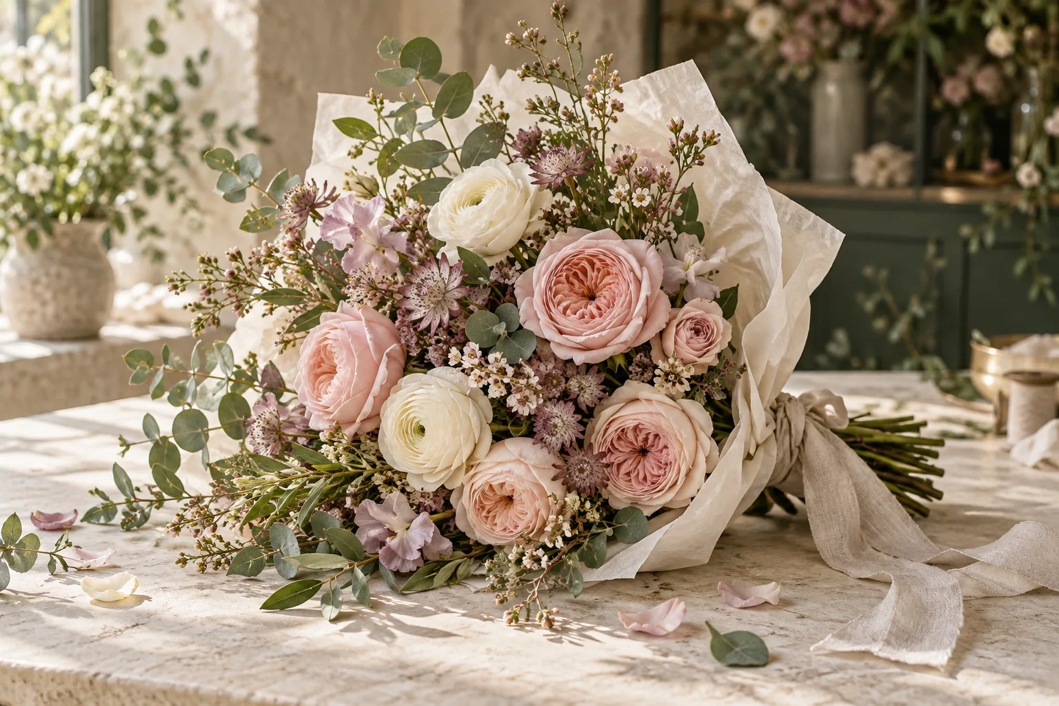 Blush and cream garden-style flowers with eucalyptus, wrapped in ivory paper.