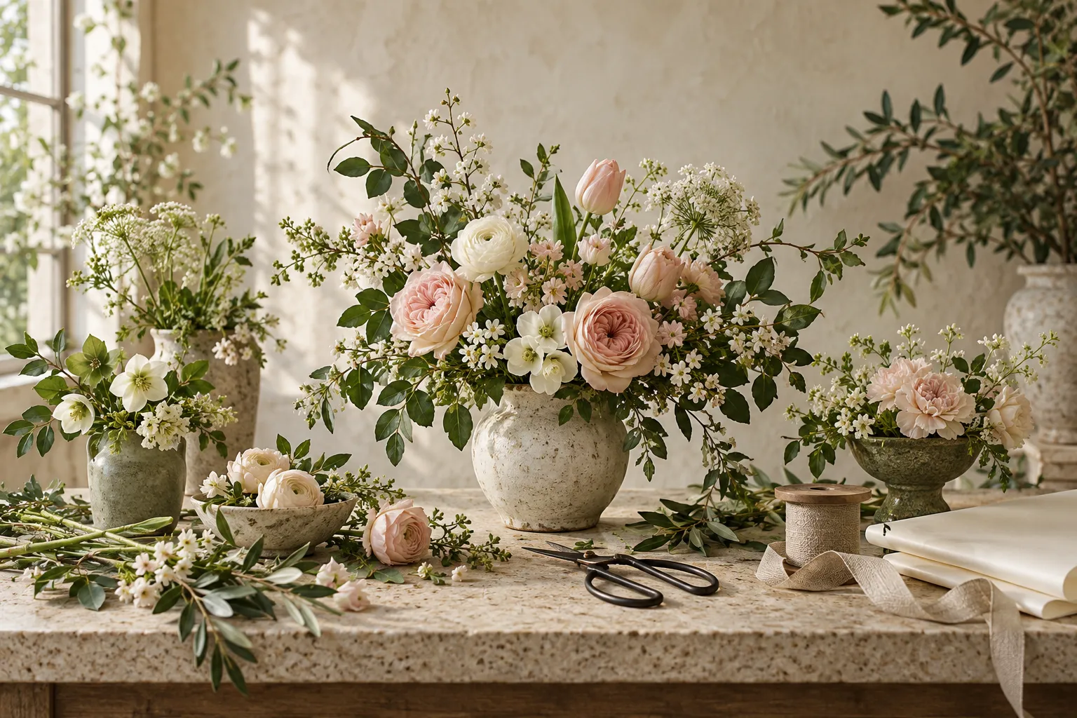 An illustrative florist worktable with flowers, ribbon, wrapping paper, and shears in warm daylight.