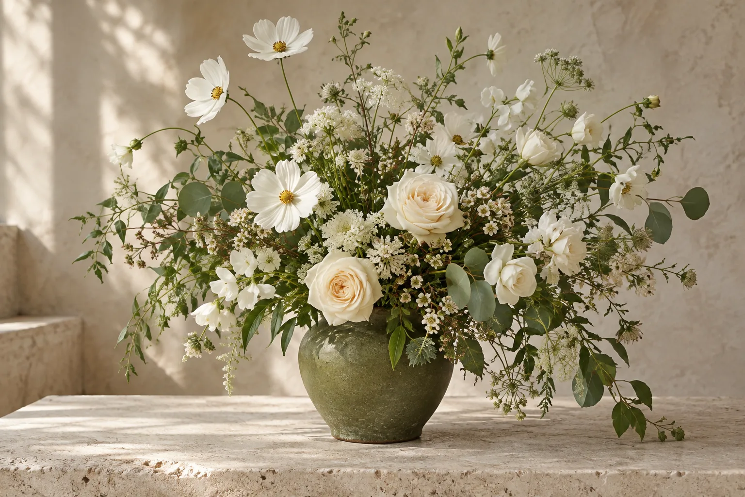 Airy white flowers and textured greenery arranged in a moss-green ceramic vase.