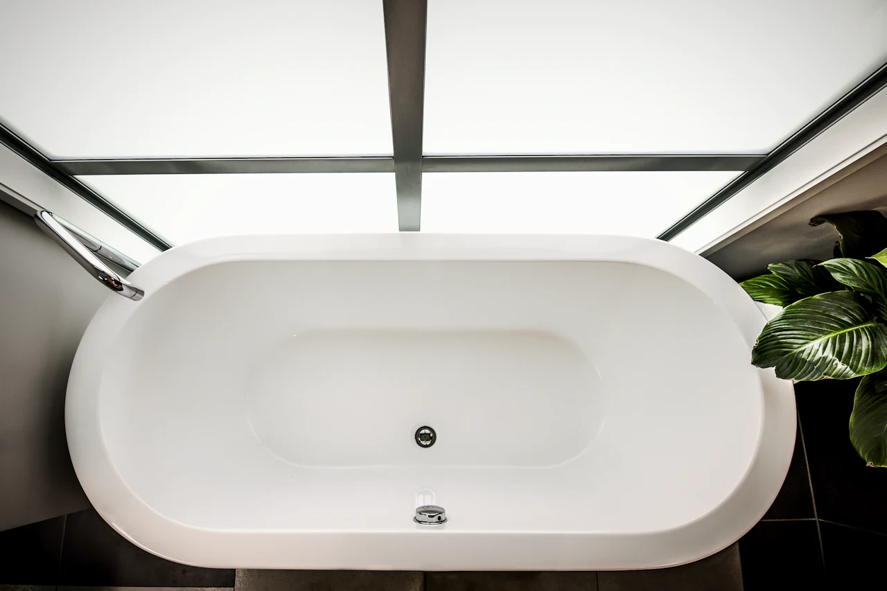 A white freestanding bath in a bright bathroom with a fern beside it